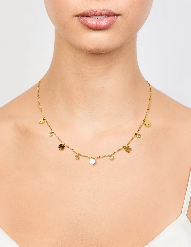 Waterproof Gold Plated Stainless Steel Cubic Zirconia Clover Pendant Necklace