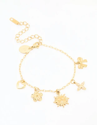 Waterproof Gold Plated Stainless Steel Flower & Sun Charm Bracelet