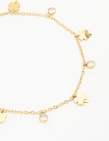 Waterproof Gold Plated Stainless Steel Cubic Zirconia Shamrock Bracelet