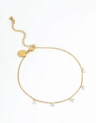 Waterproof Gold Plated Stainless Steel Cubic Zirconia Droplet Anklet
