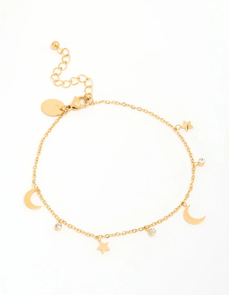 Waterproof Gold Plated Stainless Steel Cubic Zirconia Moon & Star Anklet