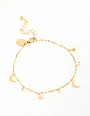 Waterproof Gold Plated Stainless Steel Cubic Zirconia Moon & Star Anklet