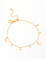 Waterproof Gold Plated Stainless Steel Cubic Zirconia Moon & Star Anklet