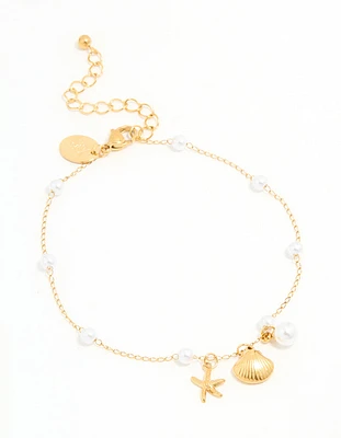 Waterproof Gold Plated Stainless Steel Pearl Star & Shell Charm Anklet