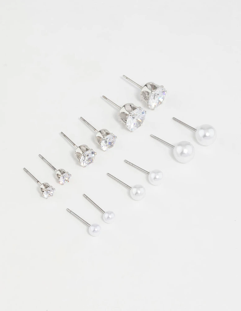 Silver Pearl & Cubic Zirconia Stud Earrings 6-Pack