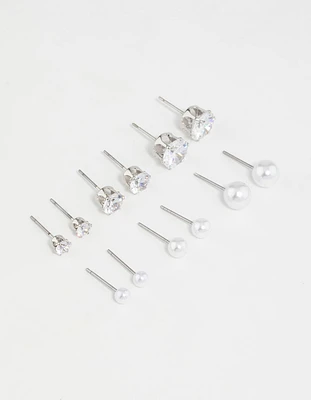 Silver Pearl & Cubic Zirconia Stud Earrings 6-Pack