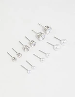 Silver Pearl & Cubic Zirconia Stud Earrings 6-Pack