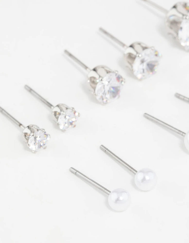Silver Pearl & Cubic Zirconia Stud Earrings 6-Pack