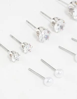 Silver Pearl & Cubic Zirconia Stud Earrings 6-Pack