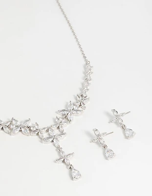 Silver Cubic Zirconia Flower Drop Earrings & Necklace Set