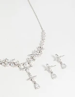 Silver Cubic Zirconia Flower Drop Earrings & Necklace Set