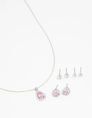 Silver Pink Cubic Zirconia Drop Necklace & Stud Earrings Set