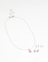 Silver Pink Cubic Zirconia Drop Necklace & Stud Earrings Set
