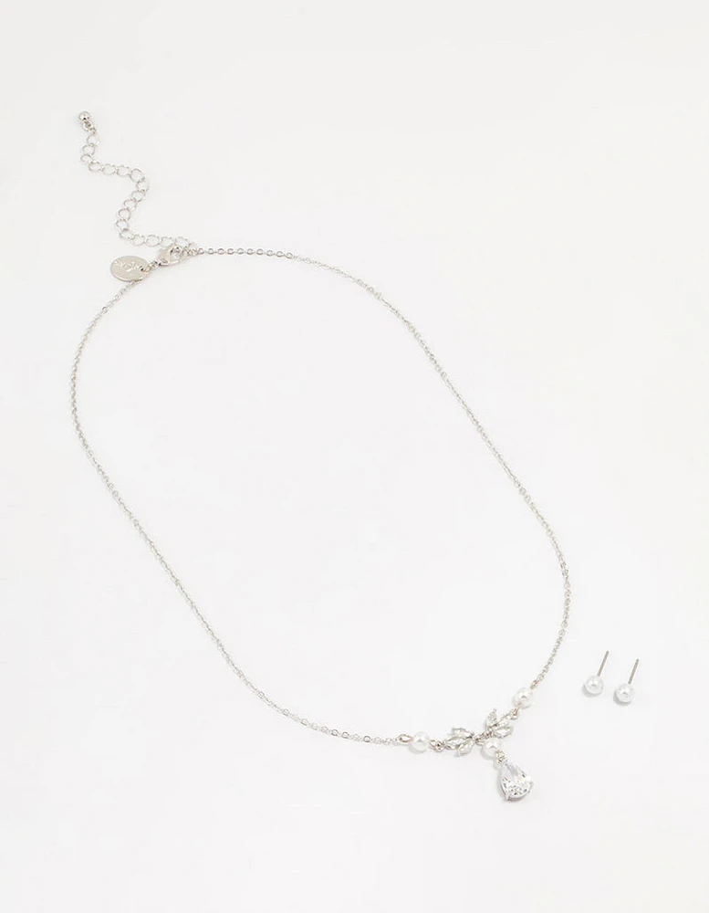 Silver Pearl Cubic Zirconia Drop Necklace & Earrings Set