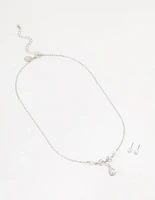 Silver Pearl Cubic Zirconia Drop Necklace & Earrings Set