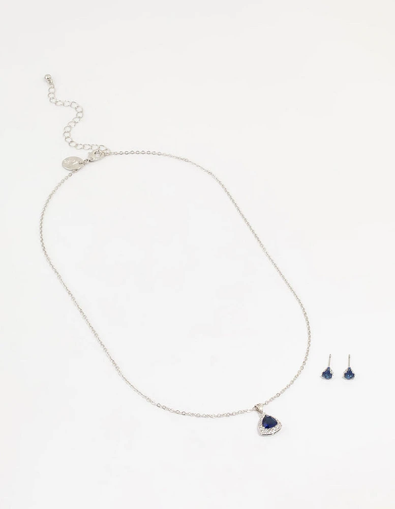 Silver Blue Cubic Zirconia Blue Pendant Necklace & Earrings Set