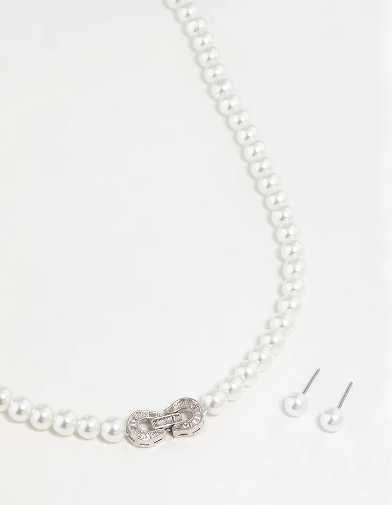 Silver Pearl Double Hoop Necklace & Earrings Set