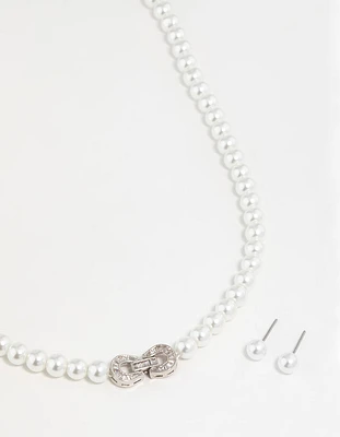 Silver Pearl Double Hoop Necklace & Earrings Set
