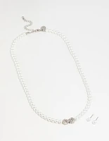 Silver Pearl Double Hoop Necklace & Earrings Set