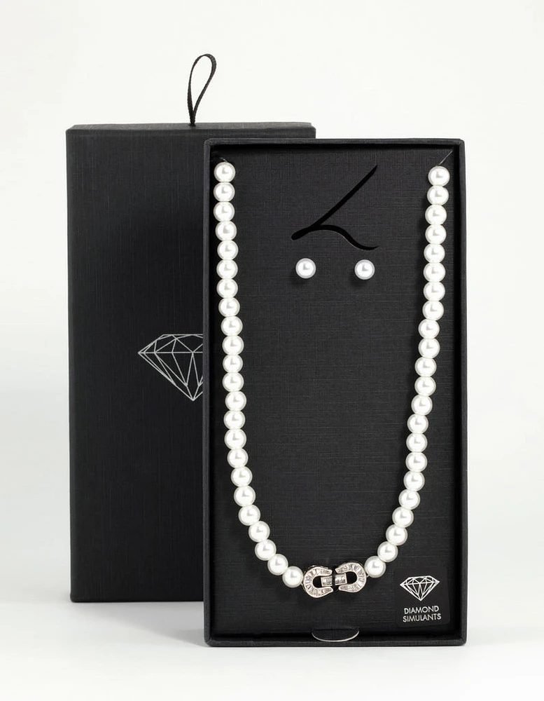 Silver Pearl Double Hoop Necklace & Earrings Set