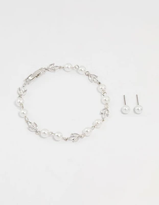 Silver Cubic Zirconia Pearl Leaf Bracelet & Earrings Set