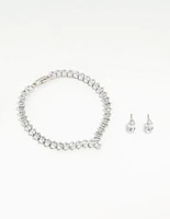 Silver Cubic Zirconia Marquise Tennis Bracelet & Earrings Set