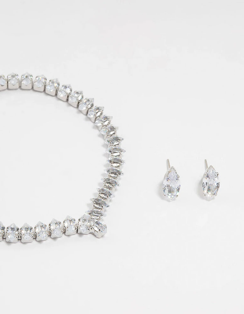 Silver Cubic Zirconia Marquise Tennis Bracelet & Earrings Set