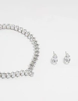 Silver Cubic Zirconia Marquise Tennis Bracelet & Earrings Set