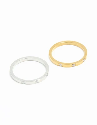 Waterproof Mixed Stainless Steel Cubic Zirconia Rings 2-Pack