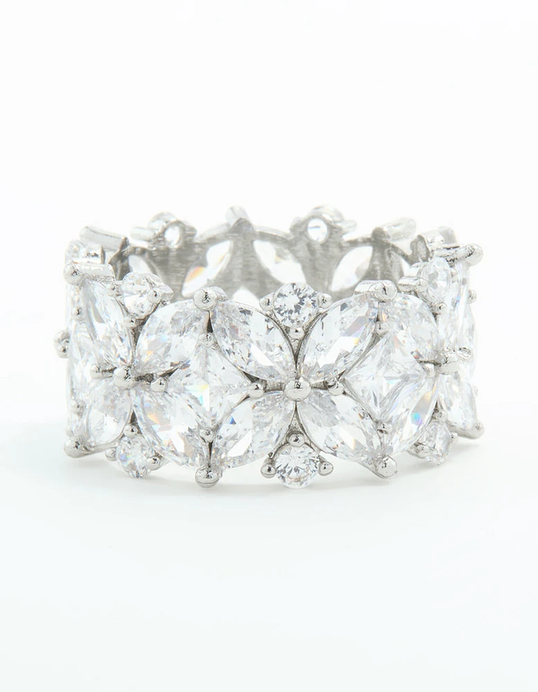 Silver Plated Cubic Zirconia Floral Wide Band Ring