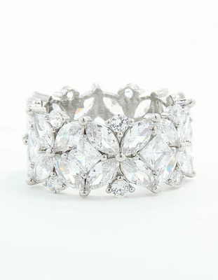 Silver Plated Cubic Zirconia Floral Wide Band Ring