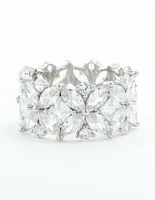Silver Plated Cubic Zirconia Floral Wide Band Ring