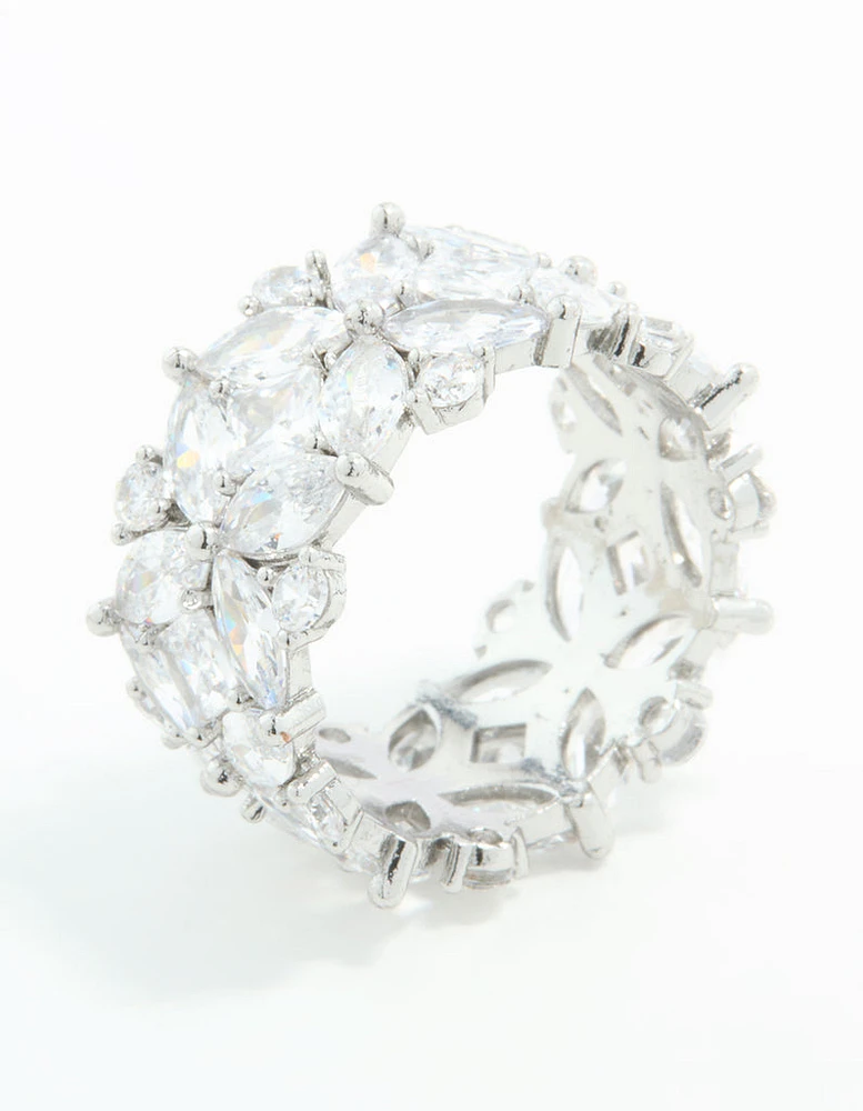 Silver Plated Cubic Zirconia Floral Wide Band Ring