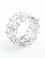 Silver Plated Cubic Zirconia Floral Wide Band Ring