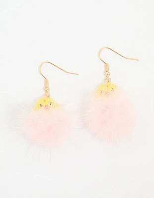 Kids Pink Pompom Chick Drop Earrings