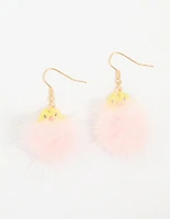 Kids Pink Pompom Chick Drop Earrings