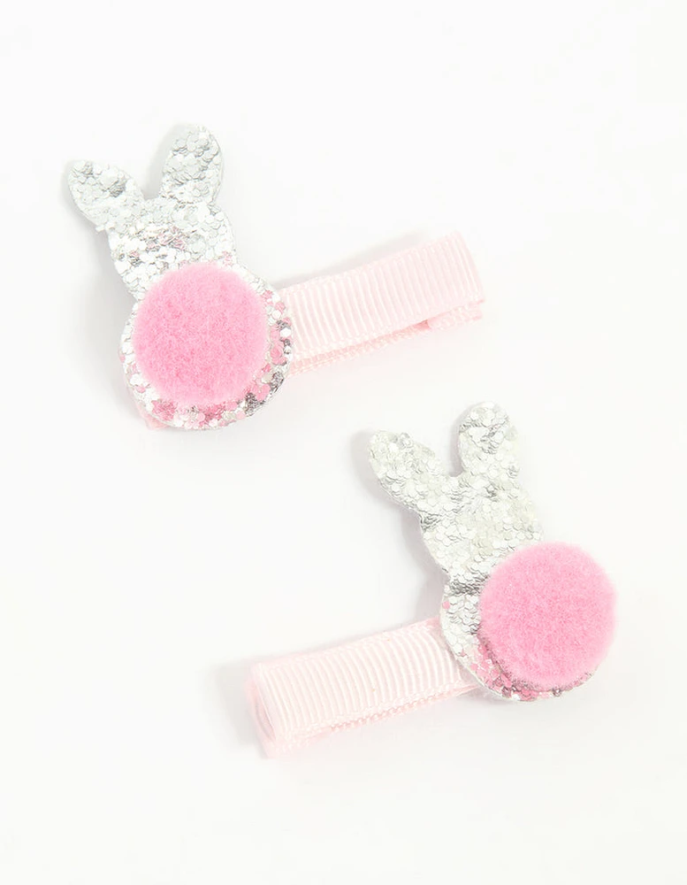 Kids Fabric Pom Pom & Sparkly Easter Bunny Hair Clips 2-Pack