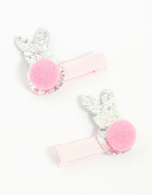 Kids Fabric Pom Pom & Sparkly Easter Bunny Hair Clips 2-Pack