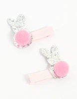 Kids Fabric Pom Pom & Sparkly Easter Bunny Hair Clips 2-Pack