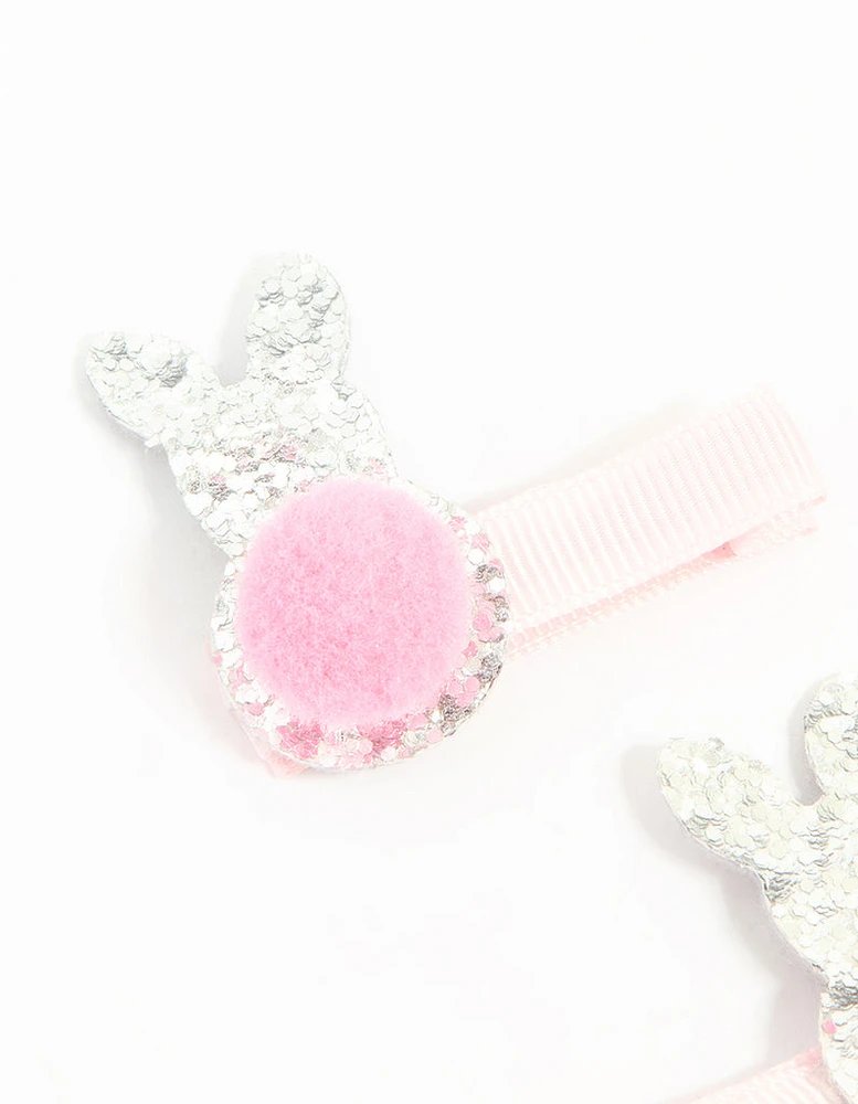 Kids Fabric Pom Pom & Sparkly Easter Bunny Hair Clips 2-Pack