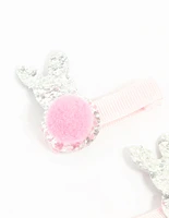 Kids Fabric Pom Pom & Sparkly Easter Bunny Hair Clips 2-Pack