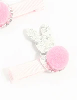Kids Fabric Pom Pom & Sparkly Easter Bunny Hair Clips 2-Pack