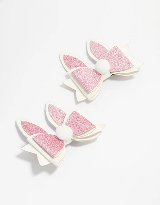 Kids Bunny Pom Pom Bow Fabric Hair Clips 2-Pack