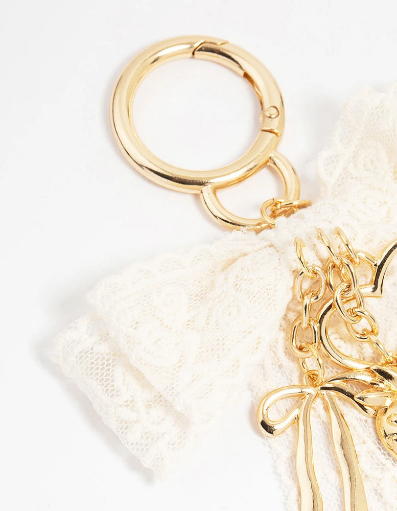 Lace Bow & Gold Heart Fabric Keychain