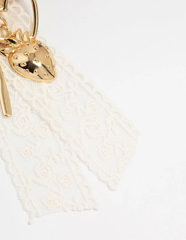 Lace Bow & Gold Heart Fabric Keychain