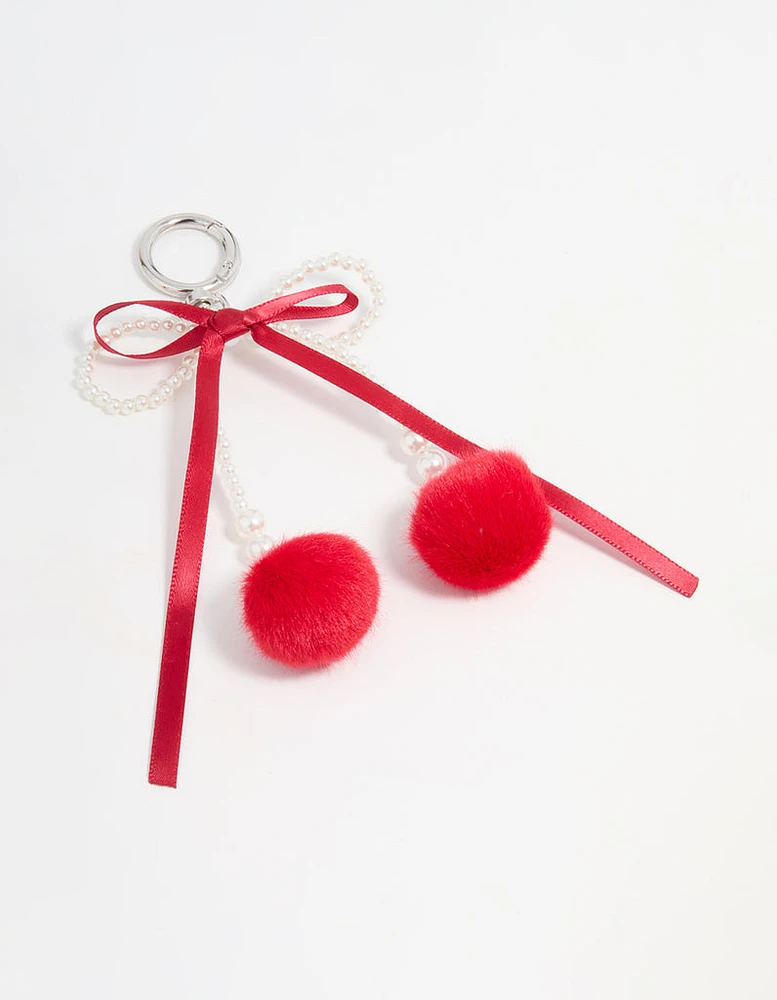 Pearl Beaded Bow & Red Pom Pom Keychain