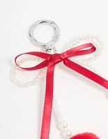 Pearl Beaded Bow & Red Pom Pom Keychain