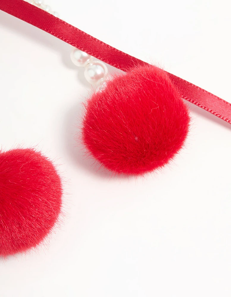 Pearl Beaded Bow & Red Pom Pom Keychain