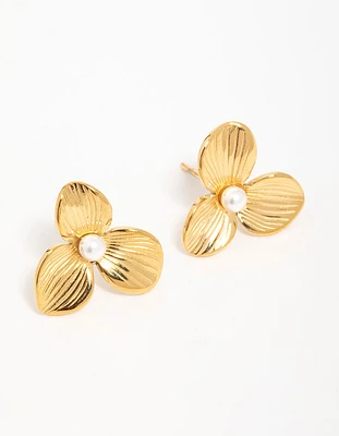Waterproof Gold Plated Stainless Steel Pearl Flower Stud Earrings