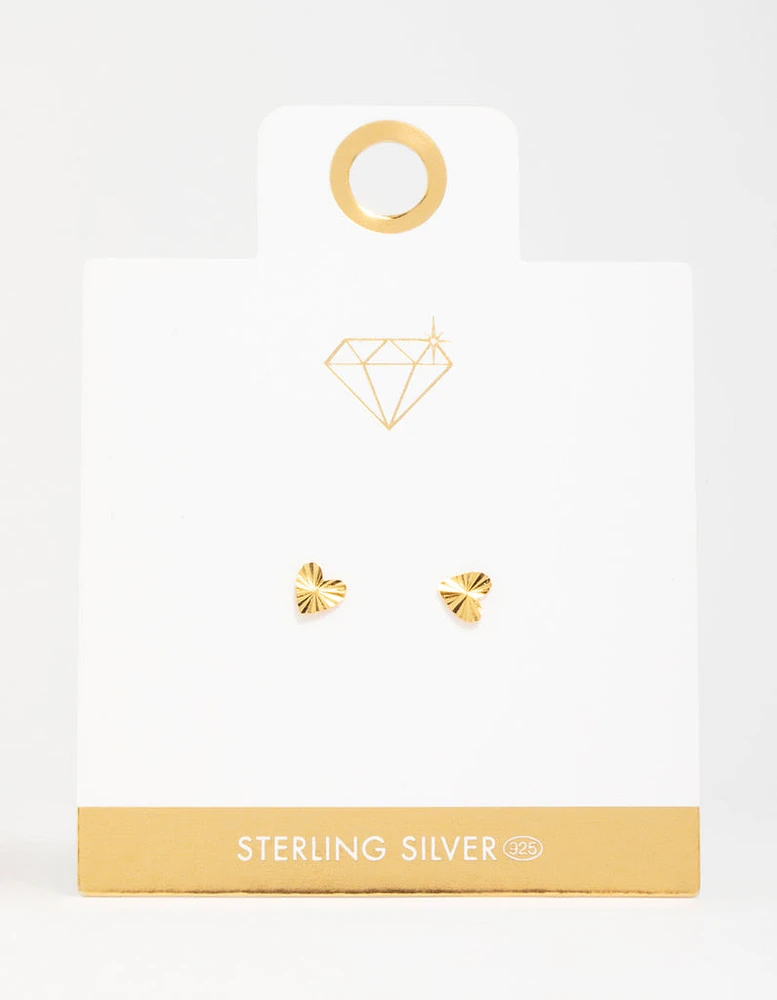 Gold Plated Sterling Silver Ribbed Heart Stud Earrings